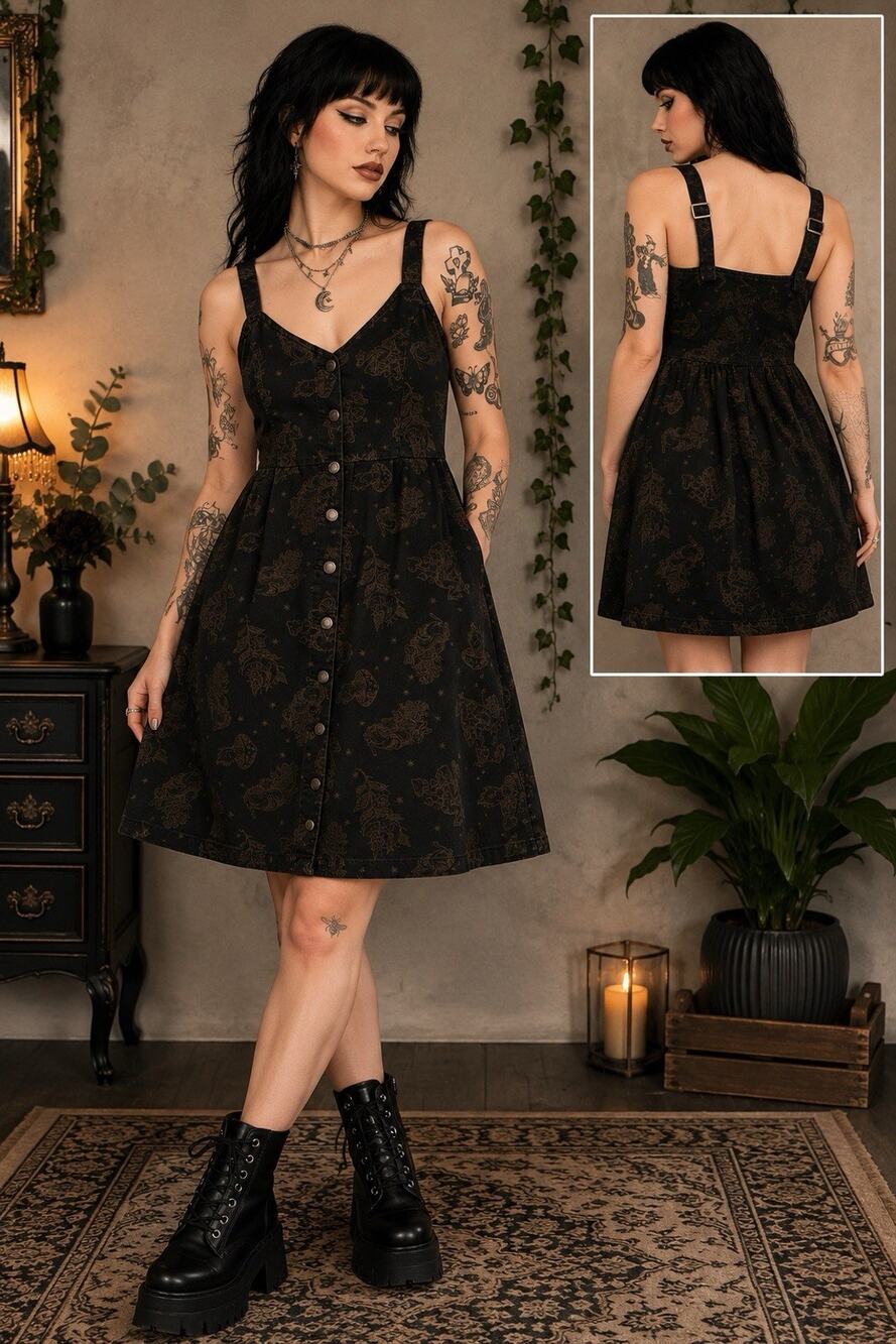 Disturbia Hexborn Baba Yaga Printed Denim Mini Dress US 14 Gothic NWT